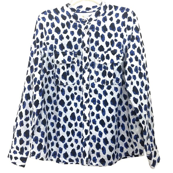 Boden Dolores Shirt Blouse US 10 Linen Roll Tab Long Sleeves Button Front Animal - Picture 2 of 10